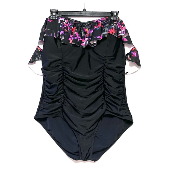 Torrid Swimsuit Tropical Off Shoulder Plus Size 3X Ruched Flounce Sexy Black - Picture 4 of 15